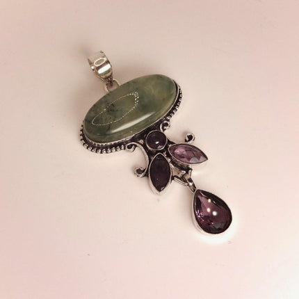 Vintage Green Moss Agate Choker and Amethyst Necklace - Bronze and Silver Finish Black Velvet Ribbon Design