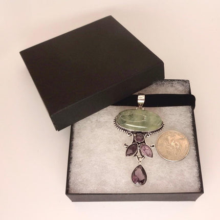 Vintage Green Moss Agate Choker and Amethyst Necklace - Bronze and Silver Finish Black Velvet Ribbon Design