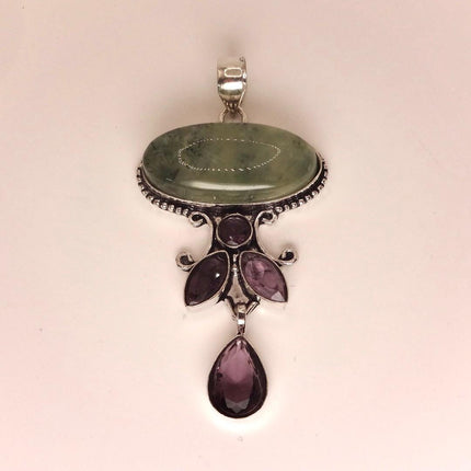 Vintage Green Moss Agate Choker and Amethyst Necklace - Bronze and Silver Finish Black Velvet Ribbon Design