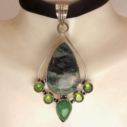 Vintage Green Moss Agate Peridot Choker Necklace - Bronze and Silver Finish Black Velvet Ribbon Design