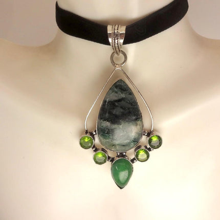 Vintage Green Moss Agate Peridot Choker Necklace - Bronze and Silver Finish Black Velvet Ribbon Design