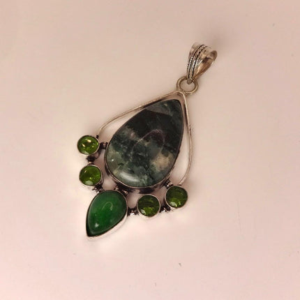 Vintage Green Moss Agate Peridot Choker Necklace - Bronze and Silver Finish Black Velvet Ribbon Design