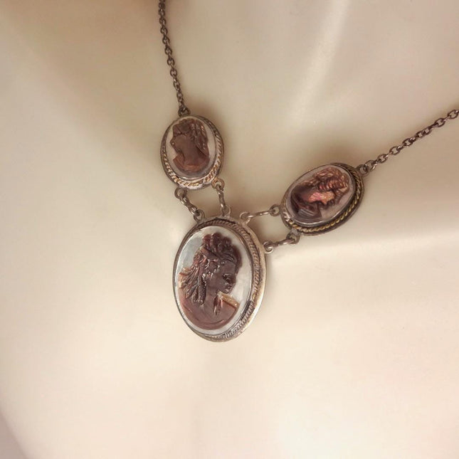 Vintage Abalone Cameo Necklace 925 Sterling Silver