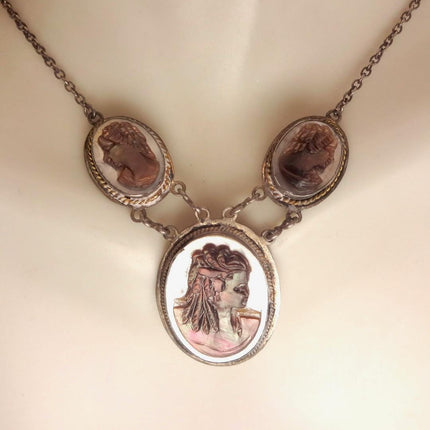 Vintage Abalone Cameo Necklace 925 Sterling Silver