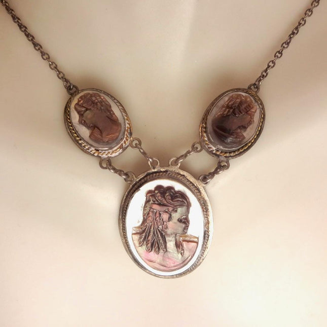 Vintage Abalone Cameo Necklace 925 Sterling Silver