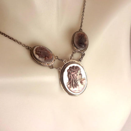 Vintage Abalone Cameo Necklace 925 Sterling Silver