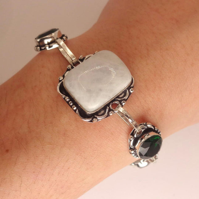 Vintage Rainbow Moonstone Toggle Bracelet Silver Bronze