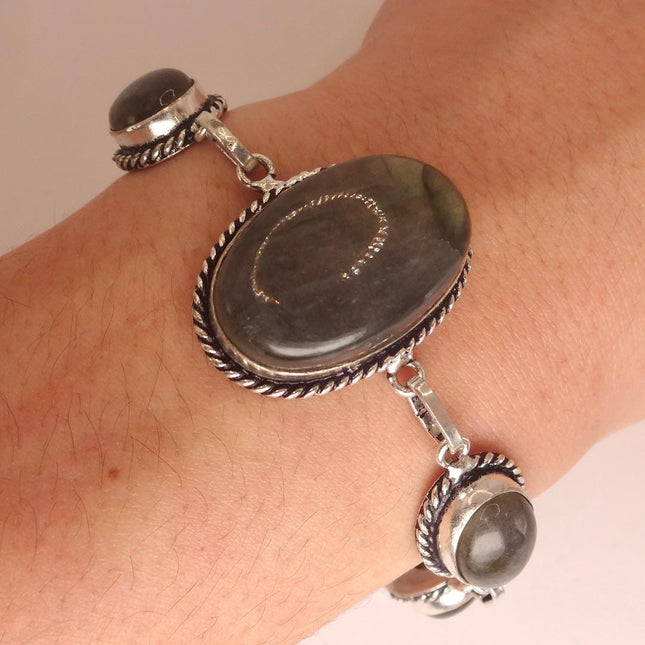 Vintage Rainbow Green Labradorite Toggle Bracelet Silver Bronze