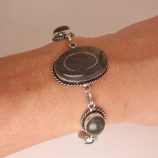 Vintage Rainbow Green Labradorite Toggle Bracelet Silver Bronze