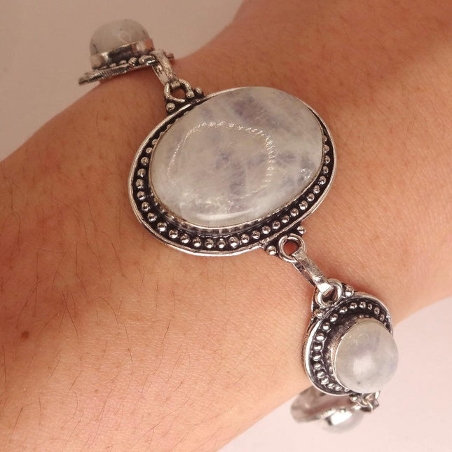 Vintage Rainbow Moonstone Toggle Bracelet Silver Bronze