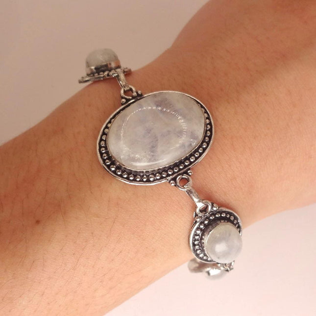 Vintage Rainbow Moonstone Toggle Bracelet Silver Bronze