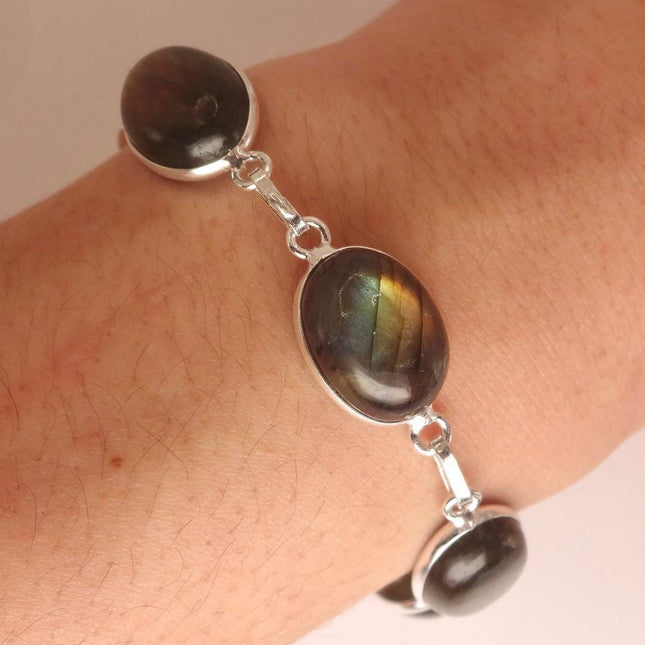 Vintage Rainbow Green Labradorite Toggle Bracelet Silver Bronze