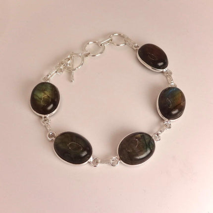 Vintage Rainbow Green Labradorite Toggle Bracelet Silver Bronze