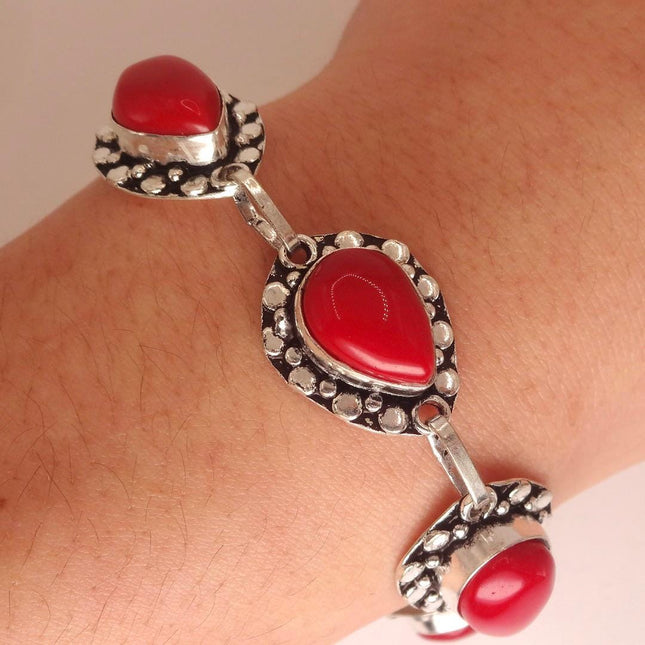 Vintage Red Coral Glass Silver Toggle Bracelet Silver Bronze