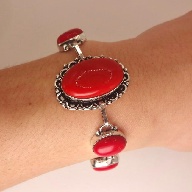 Vintage Red Coral Glass Silver Toggle Bracelet Silver Bronze