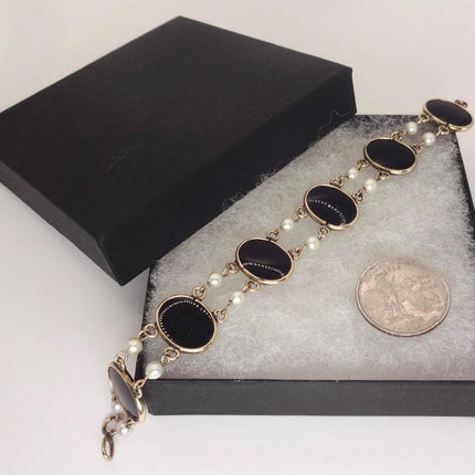 Vintage Black Onyx Pearl Tennis Bracelet: Gold Filled Bezel
