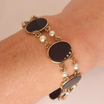 Vintage Black Onyx Pearl Tennis Bracelet: Gold Filled Bezel