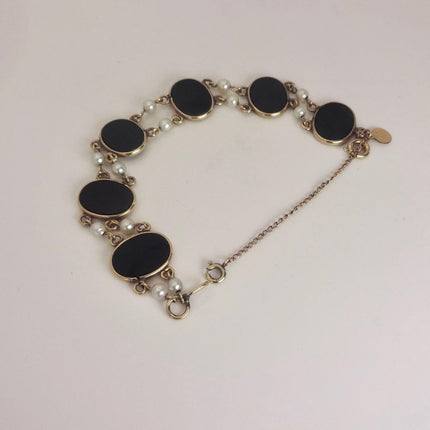 Vintage Black Onyx Pearl Tennis Bracelet: Gold Filled Bezel