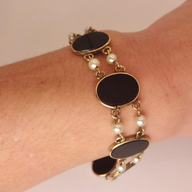Vintage Black Onyx Pearl Tennis Bracelet: Gold Filled Bezel