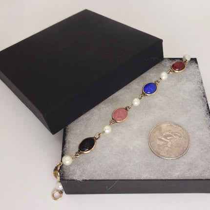 Vintage Gold Gemstone Scarab Pearl Bracelet Gold Filled