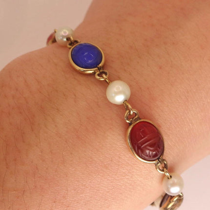 Vintage Gold Gemstone Scarab Pearl Bracelet Gold Filled