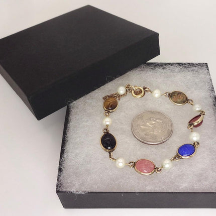 Vintage Gold Gemstone Scarab Pearl Bracelet Gold Filled