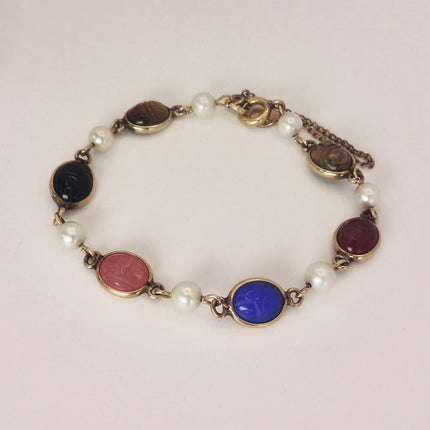Vintage Gold Gemstone Scarab Pearl Bracelet Gold Filled