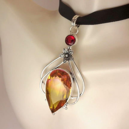 Vintage Pink Yellow Glass Silver Boho Statement Necklace Black Velvet Choker