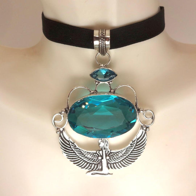Vintage Aqua Blue Glass Silver Egyptian Revival Statement Necklace Black Velvet Choker