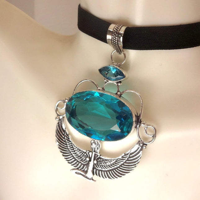 Vintage Aqua Blue Glass Silver Egyptian Revival Statement Necklace Black Velvet Choker