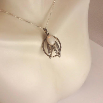 Vintage White Fire Opal Necklace Gold Filled and Sterling Silver