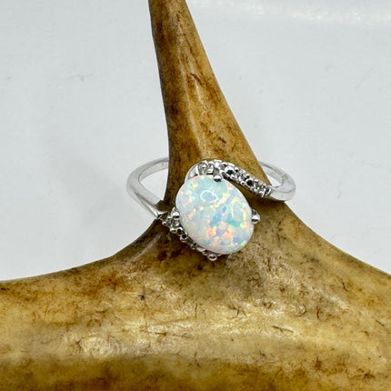 Vintage Fire Opal, Diamond Ring 925 Sterling Silver