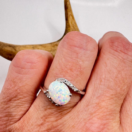 Vintage Fire Opal, Diamond Ring 925 Sterling Silver