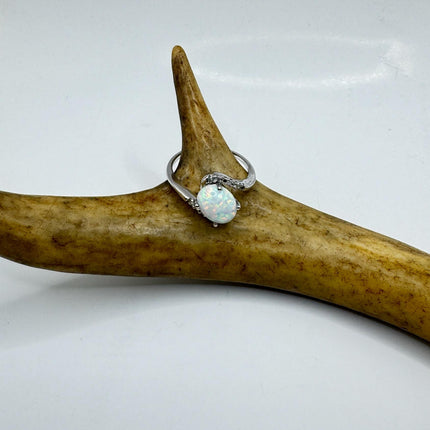 Vintage Fire Opal, Diamond Ring 925 Sterling Silver