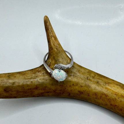 Vintage Fire Opal, Diamond Ring 925 Sterling Silver