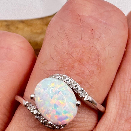 Vintage Fire Opal, Diamond Ring 925 Sterling Silver