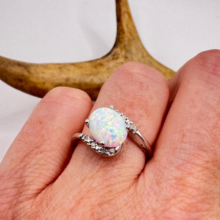 Vintage Fire Opal, Diamond Ring 925 Sterling Silver