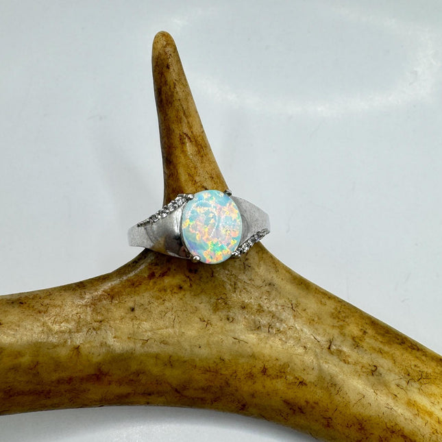 Vintage Fire Opal, Diamond Ring 925 Sterling Silver
