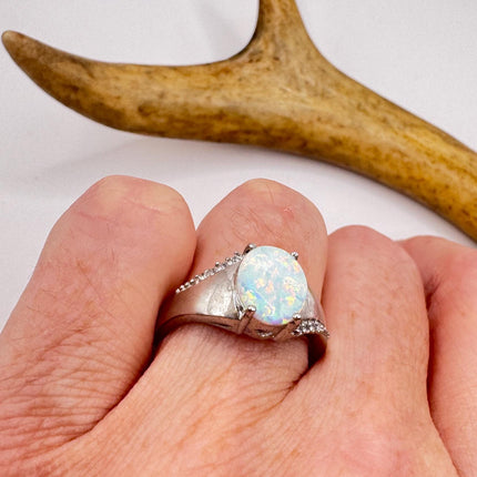 Vintage Fire Opal, Diamond Ring 925 Sterling Silver
