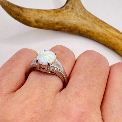 Vintage Fire Opal, Diamond Ring 925 Sterling Silver
