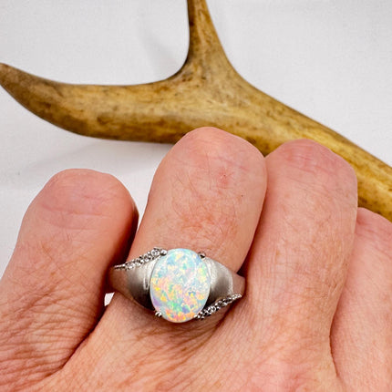 Vintage Fire Opal, Diamond Ring 925 Sterling Silver