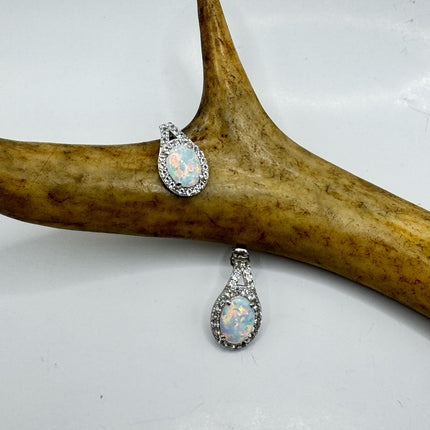Fire Opal Diamond Deco Earrings - Vintage Sterling Silver Drop Style