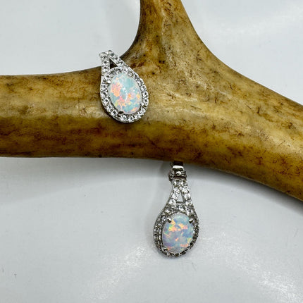 Fire Opal Diamond Deco Earrings - Vintage Sterling Silver Drop Style