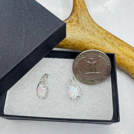 Fire Opal Diamond Deco Earrings - Vintage Sterling Silver Drop Style