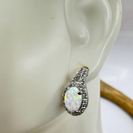 Fire Opal Diamond Deco Earrings - Vintage Sterling Silver Drop Style