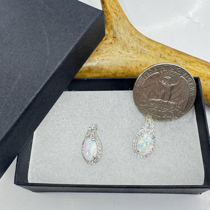 Fire Opal Diamond Deco Earrings - Vintage Sterling Silver Drop Style