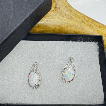 Fire Opal Diamond Deco Earrings - Vintage Sterling Silver Drop Style