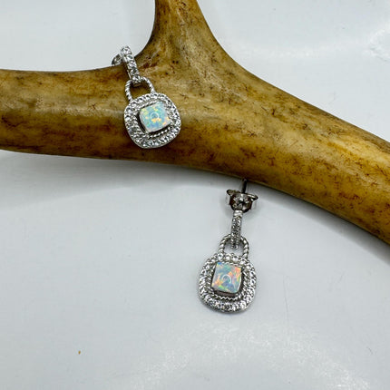 Fire Opal Diamond Deco Earrings - Vintage Sterling Silver Drop Style
