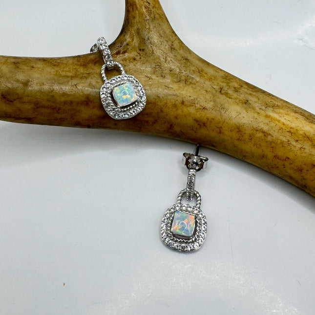 Fire Opal Diamond Deco Earrings - Vintage Sterling Silver Drop Style