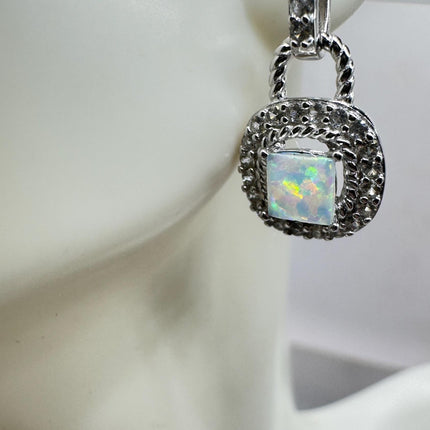 Fire Opal Diamond Deco Earrings - Vintage Sterling Silver Drop Style